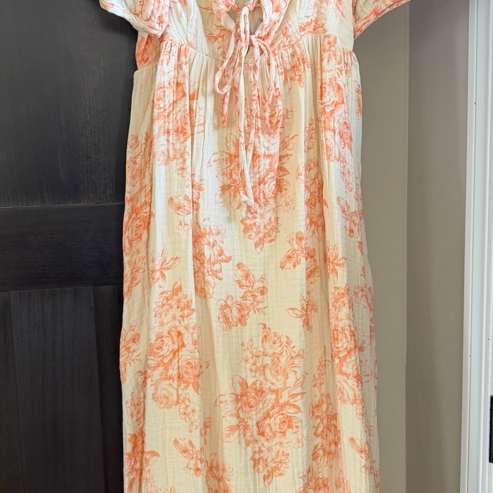 Cream Maxi Dress with Peach Floral Print and Tie Front